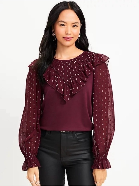 LOFT Tops - XL Burgundy shimmer-dotted ruffle yoke mixed media top from LOFT
